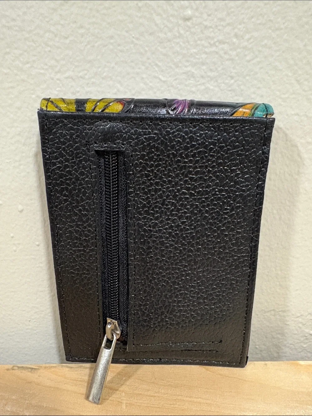 Black Leather Wallet with Colorful Embossed Butterflies